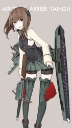 Rule 34 | 10s, 1girl, bad id, bad pixiv id, bike shorts, boots, bow (weapon), brown hair, character name, crossbow, flat chest, headgear, kantai collection, looking at viewer, mikoto (oi plus), open mouth, personification, pleated skirt, short hair, simple background, skirt, smile, solo, taihou (kancolle), thigh boots, thighhighs, weapon, yellow eyes, zettai ryouiki