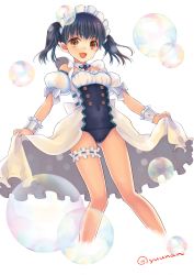 Rule 34 | 1girl, bad id, bad pixiv id, black hair, breasts, bridal garter, brown eyes, highres, maid, maid headdress, maid one-piece swimsuit, one-piece swimsuit, original, sakurai unan, school swimsuit, short hair, small breasts, solo, swimsuit, thigh strap, twintails, twitter username, unconventional maid