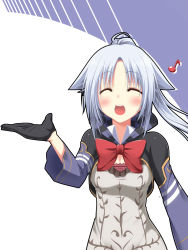 Rule 34 | 1girl, ^ ^, ahoge, animal ears, black gloves, blush, bow, cat ears, character request, cleavage cutout, closed eyes, clothing cutout, fez (video game), gloves, highres, long hair, musical note, open mouth, ponytail, silver hair, simple background, smile, solo, taletale, two-tone background