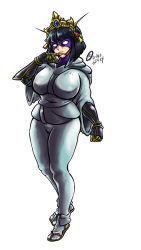 Rule 34 | android, black hair, bob cut, breasts, choudendou t-chuu robo, commentary request, covered erect nipples, crown, finger to mouth, highres, hood, hood down, hoodie, huge breasts, looking at viewer, mask, mechanical arms, natsume, ninja, no pupils, pants, robot, sandals, short hair, socks, the ninja warriors, the ninja warriors once again, white background, white eyes, white hoodie, white pants, white socks, yaksha (the ninja warriors)