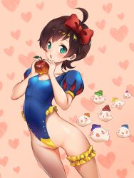 Rule 34 | 1girl, :o, adapted costume, ahoge, apple, aqua eyes, arched back, bare legs, blush, blush stickers, bow, breasts, bridal garter, brown hair, commentary request, cosplay, food, frilled leotard, frills, frontal wedgie, fruit, ghost, hair bow, hat, heart, heart background, highleg, highleg leotard, highres, holding, holding food, holding fruit, idolmaster, idolmaster million live!, kinoshita hinata, leotard, looking at viewer, partially visible vulva, pink background, puffy short sleeves, puffy sleeves, red bow, short hair, short sleeves, small breasts, snow white, snow white (disney), snow white (disney) (cosplay), snow white and the seven dwarfs, toriseru (rare stone), wedgie