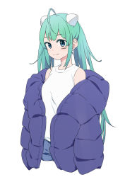 Rule 34 | 1girl, absurdres, ahoge, barcode, barcode tattoo, bare shoulders, blue eyes, blue jacket, blue shorts, blush, closed mouth, commission, cropped legs, green hair, highres, indie virtual youtuber, itopoid, jacket, long hair, looking at viewer, off shoulder, open clothes, open jacket, pixiv commission, shirt, shorts, sidelocks, simple background, sleeveless, sleeveless shirt, smile, sohin, solo, tattoo, twintails, very long hair, virtual youtuber, white background, white shirt
