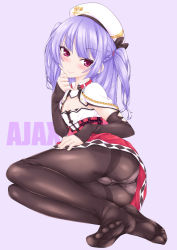 Rule 34 | 1girl, ajax (azur lane), arm warmers, azur lane, bad id, bad pixiv id, black pantyhose, blush, braid, character name, feet, full body, hat, highres, light purple hair, long hair, looking at viewer, lying, no shoes, on side, panties, pantyhose, purple eyes, simple background, soles, solo, toes, twintails, two side up, underwear