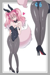 Rule 34 | 1girl, animal ears, ass, bare shoulders, bad tag, between buttocks, black leotard, black ribbon, blowing kiss, breasts, cleavage, covered navel, fake animal ears, fate/grand order, fate (series), fishnet pantyhose, fishnets, fox girl, fox tail, from behind, full body, glasses, hair between eyes, hair ribbon, hand on own hip, heart, high heels, highres, koyanskaya (fate), large breasts, leaning forward, legs, leotard, long hair, looking at viewer, money, multiple views, neck ribbon, no bra, one eye closed, pantyhose, pink hair, playboy bunny, rabbit ears, ribbon, tail, tamamo (fate), thighs, twintails, wink, wrist cuffs, yellow eyes