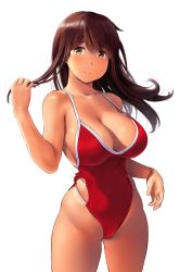 Rule 34 | 1girl, akagi (kancolle), bare shoulders, blush, breasts, brown eyes, brown hair, cleavage, closed mouth, collarbone, highleg, highleg swimsuit, highres, hip focus, holding, holding hair, kantai collection, large breasts, long hair, looking at viewer, one-piece swimsuit, red one-piece swimsuit, simple background, smile, solo, straight hair, swimsuit, tan, thighs, wa (genryusui), white background