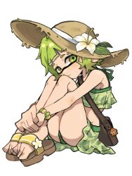 Rule 34 | 1girl, absurdres, bag, bag charm, bikini, blush, bracelet, charm (object), flower, full body, green bikini, green eyes, green hair, hat, hat flower, highres, hugging own legs, ikachan pochan, inkling, inkling girl, inkling player character, jewelry, leaf, looking at viewer, nintendo, parted lips, pointy ears, sandals, short hair, simple background, sitting, solo, splatoon (series), straw hat, sweat, swimsuit, tentacle hair, white background, white flower