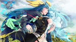 Rule 34 | 1boy, 2girls, belt, blue hair, breasts, choker, cleavage cutout, clothing cutout, cloud, cloudy sky, dated, dizzy (guilty gear), fingernails, from side, gears, glowing, glowing eyes, grass, green eyes, guilty gear, guilty gear xrd, hair between eyes, hair ribbon, hair rings, highres, kazekyou tekito, large breasts, lips, long hair, midriff, multiple girls, navel, necro (guilty gear), red eyes, ribbon, signature, skull, sky, tail, twintails, undine (guilty gear), wide sleeves, yellow ribbon