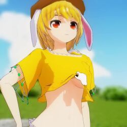 Rule 34 | 1girl, 3d, animated, assisted exposure, blonde hair, blurry, blurry background, breasts, cloud, disembodied hand, hand on own hip, hat, large breasts, mofumoko5, no bra, outdoors, rabbit ears, red eyes, ringo (touhou), short hair, sky, solo, standing, tagme, touhou, underboob, video