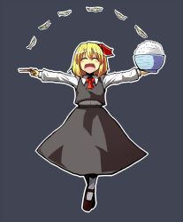 Rule 34 | 1girl, :d, ^ ^, bad id, bad pixiv id, blonde hair, blouse, blush, bowl, chopsticks, closed eyes, crossed legs, fang, fish, food, full body, grey background, hair ribbon, holding, long sleeves, open mouth, outstretched arms, ribbon, rice, rice bowl, rumia, shirt, shoes, short hair, simple background, sitting, smile, solo, spread arms, tebukuro withana, touhou, vest