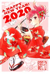 Rule 34 | 1girl, 2020, border, bowl, chinese zodiac, chopsticks, commentary request, dated, earrings, english text, equuleus shoko, floral background, flower, food, full body, hair flower, hair ornament, happy new year, holding, holding bowl, holding chopsticks, japanese clothes, jewelry, kimono, kuori chimaki, long hair, mochi, mouse (animal), new year, outside border, pink eyes, ponytail, print kimono, red hair, saint seiya, saint seiya saintia sho, sandals, signature, solo, tabi, white border, white legwear, wing hair ornament, year of the rat