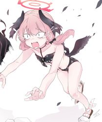 Rule 34 | 1girl, bikini, black bag, black bikini, black wings, blue archive, commentary request, crying, crying with eyes open, feathered wings, flat chest, front-tie bikini top, front-tie top, full body, halo, head wings, highres, koharu (blue archive), koharu (swimsuit) (blue archive), long hair, low wings, official alternate costume, open mouth, pearlgang e, pink hair, print bikini, red halo, sandals, simple background, slipping, slit pupils, solo, swimsuit, tattoo, tears, twintails, white background, wings