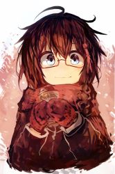 Rule 34 | 1girl, absurdres, ahoge, bespectacled, black hair, blue eyes, braid, brown background, can, cropped torso, glasses, hair ornament, highres, holding, holding can, jacket, kaamin (mariarose753), kantai collection, light smile, looking at viewer, mittens, scarf, semi-rimless eyewear, shigure (kancolle), single braid, solo, white background