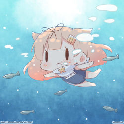 Rule 34 | 10s, 1girl, :t, air bubble, alternate costume, barefoot, black ribbon, blonde hair, bubble, chibi, fish, freediving, hair flaps, hair ornament, hair ribbon, hairclip, holding breath, kantai collection, long hair, momoniku (taretare-13), name tag, outstretched arms, ribbon, school swimsuit, solo, spread arms, swimming, swimsuit, twitter username, underwater, yuudachi (kancolle), yuudachi kai ni (kancolle)