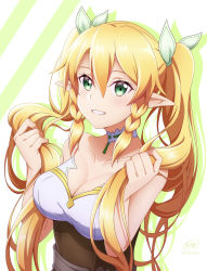 Rule 34 | 1girl, alternate hairstyle, bare arms, blonde hair, braid, breasts, choker, cleavage, collarbone, green eyes, grin, hair between eyes, highres, holding, holding hair, ken-ji, large breasts, leafa, long hair, smile, solo, strapless, sword art online, twin braids, twintails, underbust, upper body, very long hair, white choker