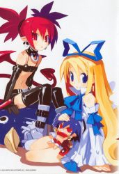 Rule 34 | 2girls, bat wings, blonde hair, blue eyes, character doll, collar, demon tail, demon wings, disgaea, earrings, elbow gloves, etna (disgaea), flonne, gloves, hair ribbon, harada takehito, highres, jewelry, laharl, long hair, multiple girls, nippon ichi, official art, pointy ears, prinny, red eyes, red hair, ribbon, tail, twintails, wings