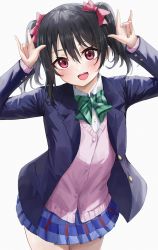 Rule 34 | 1girl, \n/, aftamc, black hair, blazer, blouse, blue jacket, blue skirt, bow, bowtie, cardigan vest, collared shirt, cowboy shot, double \n/, green bow, hair bow, hands up, highres, jacket, looking at viewer, love live!, love live! school idol project, open mouth, otonokizaka school uniform, pink bow, pleated skirt, red eyes, school uniform, shirt, short twintails, skirt, smile, solo, twintails, white shirt, yazawa nico