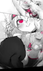 Rule 34 | 1boy, 1girl, :3, absurdres, arm grab, bandaged hand, bandages, battle, black choker, black thighhighs, blocking, blush, breasts, choker, cleavage, close-up, cropped jacket, goggles, goggles on head, greyscale, hair over one eye, highres, knee (attack), long bangs, medium breasts, midriff, monochrome, motion blur, motion lines, niwamaru (niwarhythm), niwarhythm, one eye closed, original, pink eyes, pink trim, puffy cheeks, smile, squeezing cheeks, strapless, sweat, thighhighs, tube top