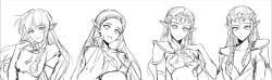 Rule 34 | 4girls, breasts, collarbone, commentary, copyright request, greyscale, hair ribbon, hand up, highres, ji yuyun, long hair, medium breasts, monochrome, multiple girls, multiple persona, nintendo, parted hair, pointy ears, princess zelda, ribbon, shoulder plates, sketch, smile, symbol-only commentary, teeth, the legend of zelda, the legend of zelda: breath of the wild, the legend of zelda: ocarina of time, the legend of zelda: skyward sword, the legend of zelda: twilight princess, tress ribbon, upper body