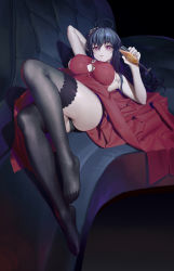 Rule 34 | 1girl, ahoge, arm behind head, arm up, azur lane, bare arms, black hair, black panties, black thighhighs, breasts, clothing cutout, couch, curly hair, dress, drink, feet, full body, guihuo inferno, hair between eyes, highres, holding, holding drink, large breasts, long hair, looking at viewer, lying, on back, on couch, panties, parted lips, red dress, red eyes, sleeveless, smile, solo, taihou (azur lane), taihou (forbidden feast) (azur lane), thighhighs, thighs, toes, underwear