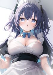 Rule 34 | 1girl, alternate costume, apron, black dress, blue archive, blue bow, blue bowtie, blush, bow, bowtie, breasts, cleavage, detached collar, dress, enmaided, hair between eyes, headgear, highres, large breasts, long hair, looking at viewer, maid, maid headdress, open mouth, puffy short sleeves, puffy sleeves, purple eyes, purple hair, short sleeves, solo, touyou (39kir), two side up, upper body, white apron, yuuka (blue archive)