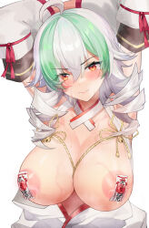 Rule 34 | 1girl, absurdres, ahoge, alternate breast size, alternate costume, areola slip, arms up, breasts, commission, covered erect nipples, detached sleeves, duel monster, green hair, grey hair, henz, highres, large breasts, multicolored hair, red eyes, restrained, sky striker ace - camellia, solo, streaked hair, upper body, yu-gi-oh!