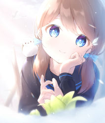Rule 34 | 1girl, absurdres, animal, animal on shoulder, awomomiji, bird, bird on shoulder, blue eyes, bow, brown hair, hair bow, head rest, highres, long-tailed tit, looking at viewer, original, school uniform, serafuku, short twintails, smile, snow, solo, tit (bird), twintails