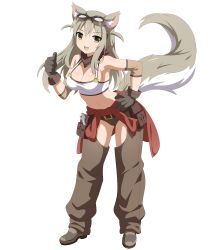 Rule 34 | 1girl, adjustable wrench, animal ears, bare shoulders, blush, boots, breasts, chaps, cleavage, clothes around waist, cowboy boots, elbow pads, fox, fox ears, fox tail, full body, gloves, goggles, goggles on head, greeze18, grey hair, hair flaps, halterneck, hand on own hip, large breasts, leaning forward, lily the mechanic, long hair, looking at viewer, lost pause, mechanic, midriff, navel, open mouth, scarf, shiny skin, smile, solo, tail, thumbs up, tool belt, transparent background, wanaca, wrench, yellow eyes