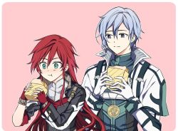 Rule 34 | 1boy, 1girl, blue hair, blush, celis ortesia, closed mouth, collar, earrings, eating, eiyuu densetsu, eyebrows, eyebrows hidden by hair, falcom, fingerless gloves, food, framed, gloves, green eyes, hair between eyes, holding, holding food, jewelry, kuro no kiseki, long hair, looking at another, medal, necklace, pink background, popped collar, purple eyes, red gloves, red hair, rion balthazar, short hair, simple background, white gloves
