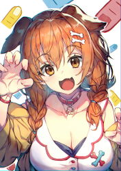Rule 34 | 1girl, :3, :d, animal ears, bone hair ornament, braid, breasts, brown eyes, brown hair, cartoon bone, claw pose, cleavage, collar, collarbone, commentary, dog ears, dog girl, english commentary, extra ears, fang, fingernails, hair between eyes, hair ornament, hands up, hololive, inugami korone, inugami korone (1st costume), jacket, large breasts, long hair, open mouth, red collar, redcomet, simple background, smile, solo, twin braids, upper body, virtual youtuber, yellow jacket
