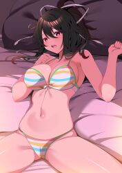 Rule 34 | 1girl, absurdres, asuka (senran kagura), azur lane, bed, bikini, black hair, breasts, brown eyes, cleavage, green trim, hair between eyes, hair ribbon, highres, large breasts, looking at viewer, lying, on back, on bed, open mouth, origami aya, pillow, ponytail, rainbow bikini, ribbon, senran kagura, senran kagura new link, short ponytail, spread legs, striped bikini, striped clothes, swimsuit, teeth, underwear, upper teeth only