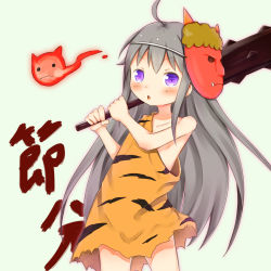 Rule 34 | 1girl, ahoge, animal print, asymmetrical clothes, bare arms, bare shoulders, blush, child, closed eyes, club, club (weapon), collarbone, commentary request, cowboy shot, grey hair, highres, holding, holding weapon, kanabou, long hair, mask, mask on head, oni mask, original, parted lips, purple eyes, setsubun, solo, spiked club, su guryu, tiger print, very long hair, weapon