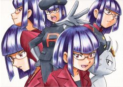 Rule 34 | 1girl, alolan form, alolan meowth, black headwear, black jacket, black pants, black shirt, blunt bangs, buttons, closed mouth, commentary request, creatures (company), game freak, gen 7 pokemon, glasses, gloves, grey gloves, hand on own hip, hat, highres, jacket, matori (pokemon), multiple views, nintendo, oka mochi, open mouth, outstretched arm, pants, parted lips, pokemon, pokemon (anime), pokemon (creature), pokemon dppt (anime), pokemon xy (anime), purple eyes, purple hair, red jacket, shirt, short hair, simple background, smile, spread fingers, team rocket, team rocket uniform, teeth, tongue, traditional media, upper teeth only, white background