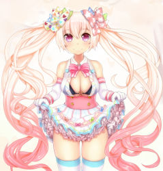Rule 34 | 1girl, bow, bowtie, bra, breasts, cleavage, elbow gloves, gloves, greentanuki, hair bow, hatsune miku, highres, large breasts, long hair, looking at viewer, multiple hair bows, o-ring, o-ring top, pink eyes, sakura miku, skindentation, skirt, skirt hold, smile, solo, striped clothes, striped thighhighs, thighhighs, twintails, underwear, very long hair, vocaloid