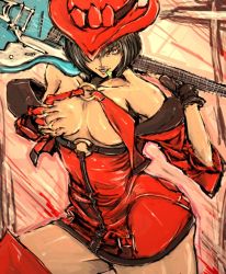 Rule 34 | 1girl, arc system works, breast hold, breasts, breasts squeezed together, cleavage, covering breasts, covering privates, curvy, fingerless gloves, gloves, grabbing, grabbing another&#039;s breast, guilty gear, guitar, hat, highres, i-no, instrument, large breasts, mole, moto murabito, mouth hold, red hat, solo