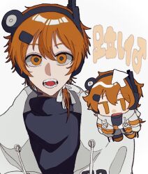 1boy a.i._voice adachi_rei agyo_(ikayaki5252) character_name cursor drawstring genderswap genderswap_(ftm) hair_between_eyes hair_ribbon headlamp headset jacket lifted_by_cursor male_focus open_clothes open_jacket open_mouth orange_eyes orange_hair radio_antenna ribbon short_hair simple_background teeth turtleneck utau white_background white_jacket white_ribbon