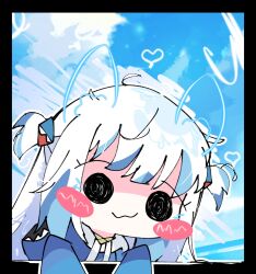 Rule 34 | 1girl, black border, black eyes, blue hair, blue hoodie, blue sky, border, chibi, closed mouth, cloud, cloudy sky, commentary, day, gawr gura, grey hair, hair ornament, heart, highres, hololive, hololive english, hood, hood down, hoodie, koyoinacho, long hair, long sleeves, looking at viewer, multicolored hair, outside border, shark girl, shark hair ornament, sky, smile, smol gura, solo, streaked hair, symbol-only commentary, two side up, upper body, virtual youtuber, wavy mouth