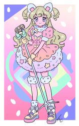 Rule 34 | 1girl, blonde hair, border, bow, closed mouth, dress, food-themed hair ornament, full body, fur-trimmed dress, fur collar, fur trim, gloves, hair ornament, holding, holding microphone stand, idol time pripara, long hair, looking at viewer, microphone stand, multicolored background, onigiri hair ornament, petticoat, pink dress, pretty series, pripara, puffy short sleeves, puffy sleeves, purple eyes, rice, rituyama1, shoes, short sleeves, sidelocks, signature, smile, solo, standing, star (symbol), two side up, white border, yellow bow, yellow footwear, yellow gloves, yumekawa yui