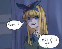 Rule 34 | 1girl, :d, absurdres, blonde girl (popopoka), blonde hair, blue eyes, blue ribbon, blurry, blurry background, blush, commentary, curtains, english commentary, english text, hair ribbon, hairband, highres, long hair, looking at viewer, open mouth, original, popopoka, ribbon, school uniform, shaded face, smile, solo, speech bubble, teeth, upper teeth only