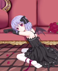 Rule 34 | 1girl, bat wings, blue hair, bouquet, bow, couch, dress, elbow gloves, female focus, flower, gloves, hair bow, highres, ikeda yuuki, no shoes, pantyhose, petals, red eyes, remilia scarlet, revision, ribbon, sitting, solo, touhou, wariza, white pantyhose, wings