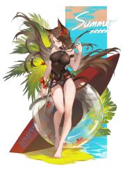 Rule 34 | 1girl, animal ears, arknights, bare legs, black one-piece swimsuit, breasts, brown eyes, brown hair, cat ears, cat tail, earrings, english text, feet, flower, full body, hair flower, hair ornament, highres, innertube, jewelry, large breasts, long hair, looking at viewer, official alternate costume, one-piece swimsuit, shuaijiaodegentou, single earring, skyfire (arknights), skyfire (temperature difference) (arknights), solo, standing, surfboard, swim ring, swimsuit, sword, tail, weapon