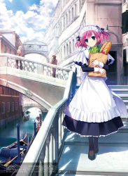 Rule 34 | 1girl, apron, bag, black bow, black footwear, black legwear, black shirt, black skirt, blue eyes, bow, bridge, cloud, day, food, frilled bow, frilled skirt, frills, full body, fumio (ura fmo), grisaia (series), grisaia no rakuen, hair between eyes, hair bow, high heels, highres, holding, holding bag, komine sachi, long skirt, looking to the side, maid, maid headdress, outdoors, pink hair, pumps, shirt, skirt, sky, solo, stairs, standing, sunlight, twintails, white apron