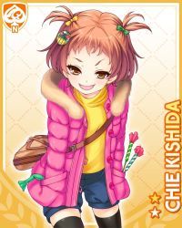 Rule 34 | 1girl, backpack, bag, blouse, brown hair, firecrackers, frog, fur collar, girlfriend (kari), hair ornament, hand in pocket, jacket, kishida chie, official art, open mouth, orange background, pink jacket, qp:flapper, shirt, shorts, smile, solo, standing, strap, tagme, thighhighs, toy, twintails, yellow eyes, yellow shirt