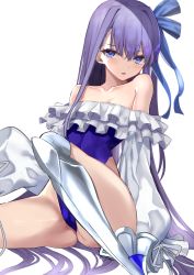 Rule 34 | 1girl, ass, bad id, bad pixiv id, bare shoulders, blue one-piece swimsuit, blush, breasts, cameltoe, cleavage, collarbone, commentary request, fate/grand order, fate (series), frills, kesoshirou, long hair, looking at viewer, meltryllis, meltryllis (fate), meltryllis (swimsuit lancer) (fate), meltryllis (swimsuit lancer) (second ascension) (fate), one-piece swimsuit, purple hair, simple background, sitting, solo, swimsuit, very long hair, white background