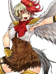 Rule 34 | 1girl, armor, armpits, bird, bird tail, bird wings, blonde hair, breasts, brown dress, capelet, chick, chick on head, chicken, clenched hand, colored eyelashes, commentary request, covered navel, dress, ear piercing, earrings, eyeliner, facepaint, feathered wings, feathers, fighting stance, garter straps, highres, jewelry, looking at viewer, makeup, medium breasts, multicolored hair, navel, niwatari kutaka, open mouth, orange eyes, pauldrons, piercing, red eyes, red hair, red scarf, ryuuichi (f dragon), scarf, short dress, short hair, shoulder armor, simple background, sleeveless, smile, solo, sun earrings, tail, thighhighs, toned, touhou, two-tone hair, war paint, white background, white capelet, wings, yellow thighhighs, zettai ryouiki