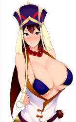 Rule 34 | 1girl, absurdres, arms behind back, bare shoulders, bead necklace, beads, bikini, blush, breasts, brown hair, canzume, cleavage, earrings, fate/grand order, fate (series), gourd, hair between eyes, hat, headdress, highres, hoop earrings, huge breasts, japanese clothes, jewelry, kimono, long hair, looking at viewer, necklace, parted lips, prayer beads, purple bikini, simple background, sleeveless, sleeveless kimono, smile, solo, swimsuit, white background, white kimono, xuangzang sanzang (fate)