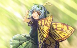 Rule 34 | 1girl, antennae, aqua hair, azumi (madogiwa bocchi seki), bad id, bad twitter id, blush stickers, butterfly wings, dress, eternity larva, fairy, green dress, insect wings, leaf, leaf on head, looking back, multicolored clothes, multicolored dress, open mouth, short hair, solo, teeth, third-party source, touhou, upper body, upper teeth only, wings, yellow eyes