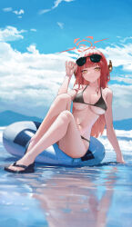 Rule 34 | 1girl, absurdres, alternate costume, aru (blue archive), bikini, black bikini, blue archive, blush, breasts, cloud, demon horns, eyewear on head, halo, highres, horns, hwan (verypoor), knees up, large breasts, light smile, looking at viewer, navel, on innertube, outdoors, reflection, reflective water, sandals, sitting, solo, stomach, sunglasses, swimsuit, yellow eyes