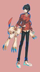 Rule 34 | 1girl, 1other, digimon, digimon (creature), digimon survive, dog, highres, labramon, looking at another, shibuya aoi, simple background