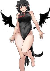 Rule 34 | 1girl, alternate costume, bare arms, bare legs, bare shoulders, barefoot, black dress, black eyes, black hair, black wings, blush, breasts, china dress, chinese clothes, covered navel, dress, heiseikorotaisei, looking at viewer, medium breasts, pelvic curtain, pointy ears, shameimaru aya, short hair, simple background, sleeveless, sleeveless dress, smile, solo, thighs, touhou, white background, wings