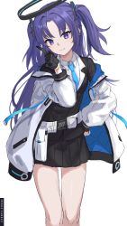 Rule 34 | 1girl, blue archive, breasts, deca purio, halo, highres, jacket, long hair, long sleeves, looking at viewer, medium breasts, open clothes, open jacket, purple eyes, purple hair, simple background, smile, solo, thighs, two side up, white background, white jacket, yuuka (blue archive)